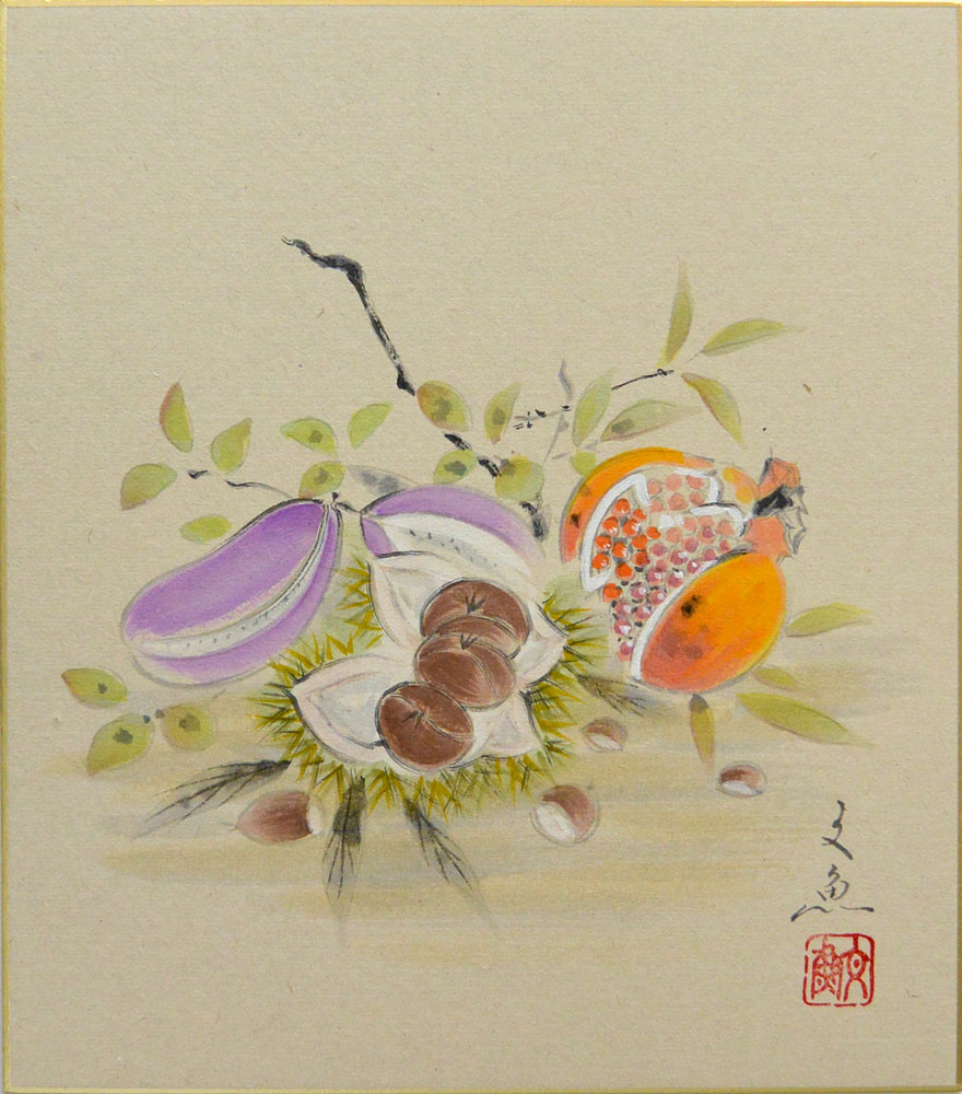 四季の色 色紙の絵画 日本画セット 魚・梅・猿・鳥 石井正吾 『四季花』 色紙絵 絵画 日本画 一年中 年中飾り 牡丹