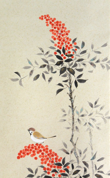 掛軸 南天 溝口雨塘画(掛け軸 尺五立) アート・美術品・骨董品・民芸品