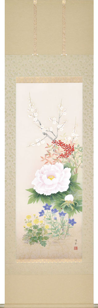 掛軸 四季花 鈴木優莉(掛け軸　尺五立）幅54.5cm×丈190cm　 本メノウ高級風鎮付 【当日出荷可能】【送料無料】【掛け軸 販売】【smtb-kd】【楽ギフ_包装】【楽ギフ_のし宛書】