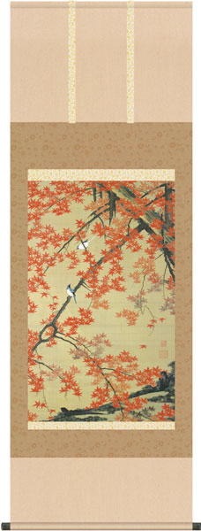 複製名画の掛け軸 伊藤若冲　紅葉小禽図　（尺五）幅54.5cm×丈150cm【受注製作品】