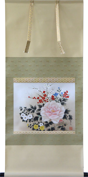 掛軸 四季花 金子華春画(掛け軸　F6小判横) 幅51.5cm×丈114.5cm【当日出荷可能】【送料無料】【掛け軸 販売】【smtb-kd】