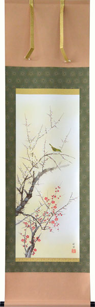 掛軸　紅白梅に鶯　田村竹世(掛け軸　尺三立)【当日出荷可能】【送料無料】【掛け軸 販売】【smtb-kd】【楽ギフ_包装】【楽ギフ_のし宛書】