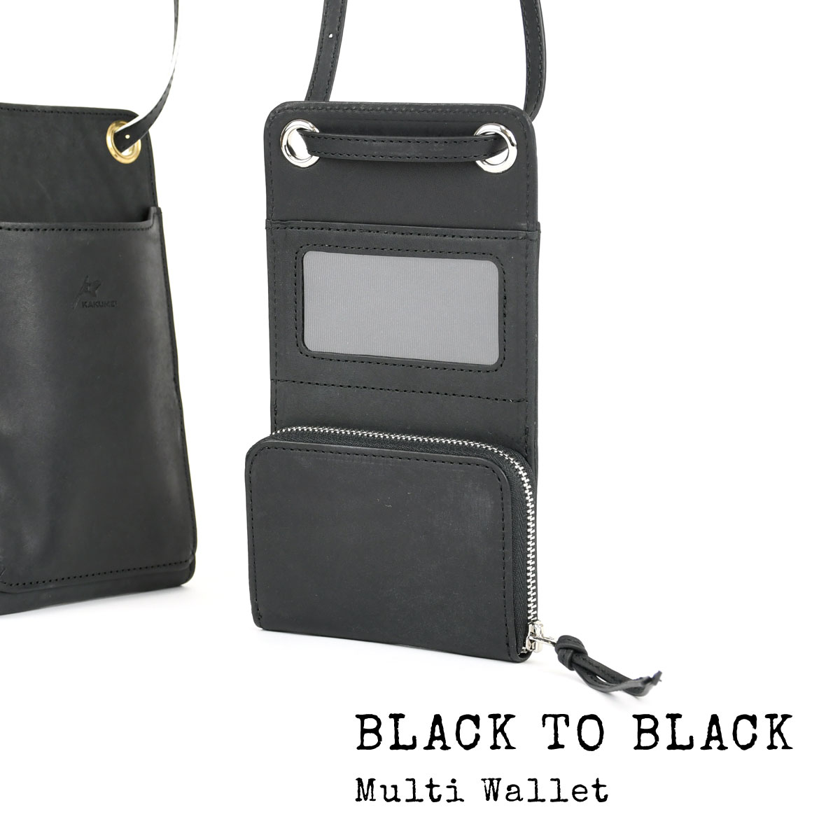 マルチウォレット 透明カバー付きカードポケット BLACK 黒ファスナー 本革 財布 スマホポシェット ストラップ メンズ レディース イタリアンレザー スマホショルダー 多機能 ミニ財布 ラウンド YKK ネックウォレット 首かけ 大人 送料無料 KA04 ブラック 黒 11,035円