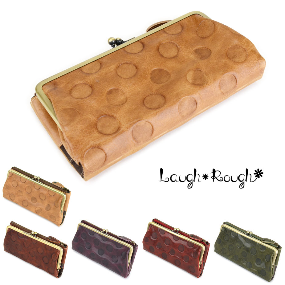 がま口財布 長財布 二つ折り 水玉 ドット 型押しLaugh Rough カード入れ 多い カードがたくさん入る オイルレザー 本革 日本の革 ワックスレザー ラフラフ ジョセフィーヌ 送料無料 袋縫い 本革財布 レディース がま口 がまぐち 口金