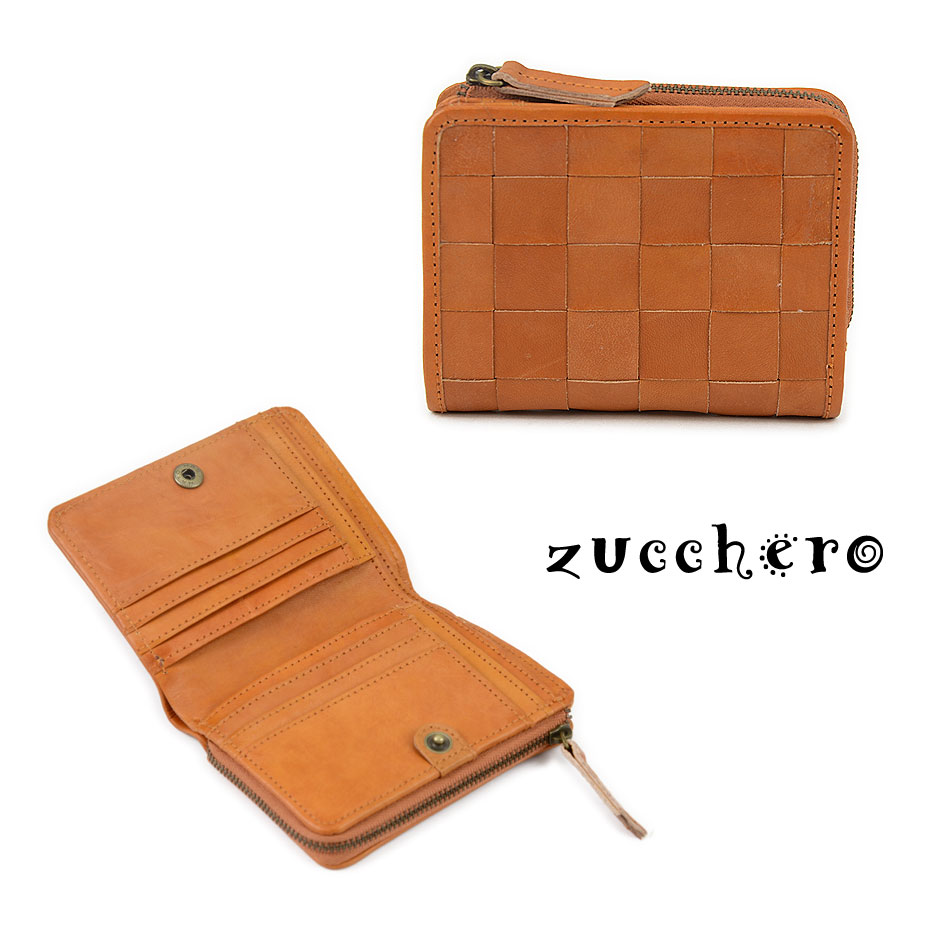 二つ折り財布 小銭入れ L字ファスナー コンパクト zucchero ズッケロ 本革 レディース イントレチャート レザー 編み込み メッシュ 送料無料 fes フェス ヌメ革 フルベジタブルタンニン鞣し ナチュラル エイジング 女性用 婦人用 ブラウン