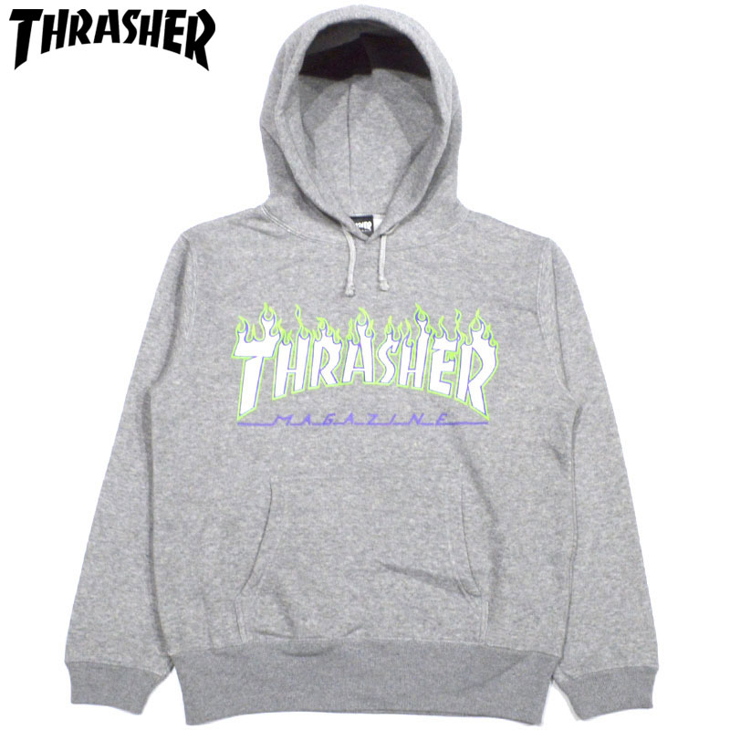 日本産 スラッシャー Thrasher Joker Flame Logo Hooded Sweat グレーgray スラッシャーパーカ Thrasherパーカ スラッシャープルオーバー Thrasherプルオーバー スラッシャーフレイムロゴ Thrasherフレイムロゴ スラッシャーflame Logo Thrasher Frale Logo Maglogo