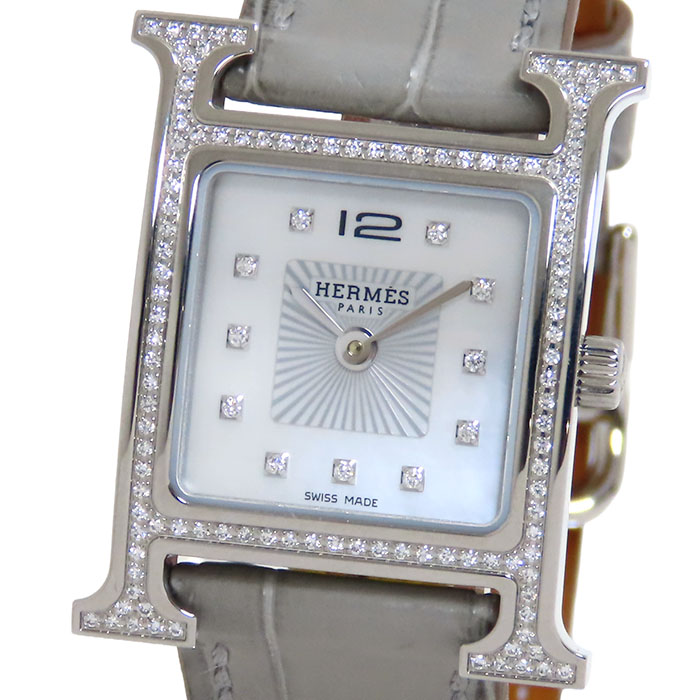 HERMES エルメス Hウォッチ HH1.235C W118369WW00 シェル文字盤 SS ステンレススチール レザー 純正ダイヤ 0.28ct 電池式 クォーツ レディース 保証書付 腕時計 送料無料 241001024027