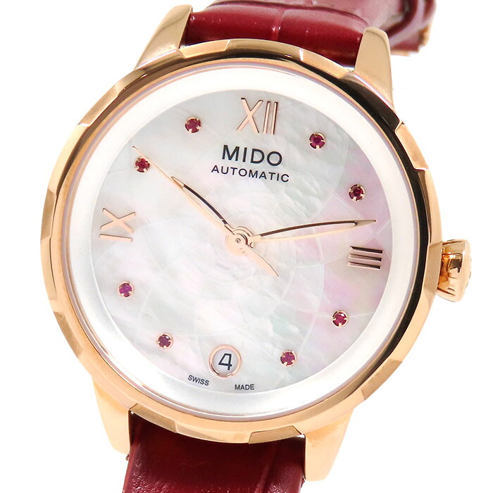 MIDO ミドー レインフラワー M043.207.36.118.00 シェル文字盤 SS PVD ステンレススチール レザー 裏スケ 蓮 花 保証書付き 腕時計 自動巻 レディース 送料無料【未使用】241001023934