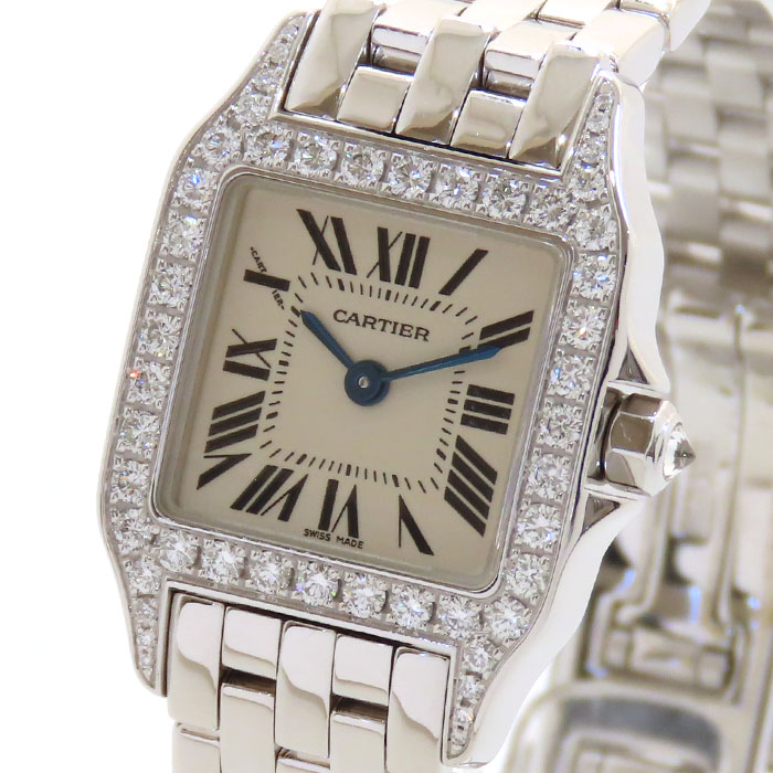【ポイント7倍＆ 最大10万円割引クーポン】Cartier カルティエ サントス ドゥモワゼル SM WF9003Y8 ダイヤベゼル シルバー文字盤 K18WG 750 ホワイトゴールド 金無垢 ダイヤモンド 電池式 クォーツ 腕時計 レディース 【仕上・電池交換済】240101834694