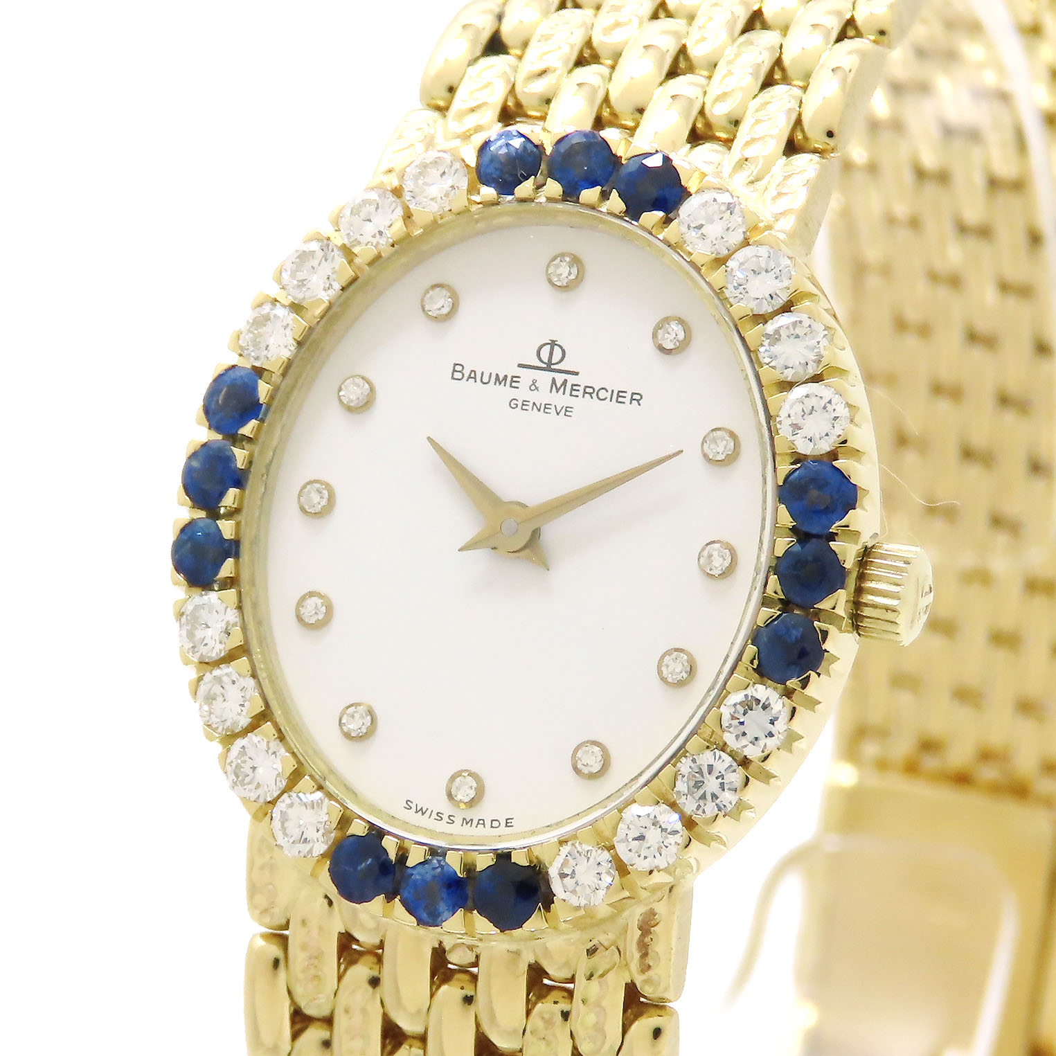 【ポイント10倍＆ 最大10万円割引クーポン 数量限定】BAUME＆MERCIER ボーム＆メルシエ 18309 ホワイト文字盤 K18YG 750 イエローゴールド ダイヤ サファイヤ ベゼル 腕時計 電池式 レディース 送料無料【仕上済】241001027756