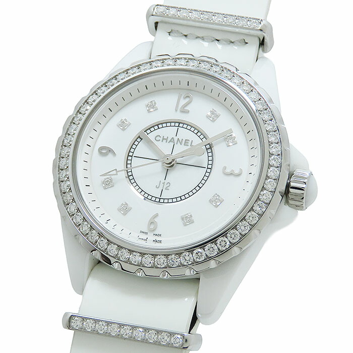【ポイント5倍＆ 最大10万円割引クーポン 数量限定】CHANEL シャネル J12 H4190 ホワイト文字盤 ベゼルダイヤ セラミック エナメル × レザー ストラップ交換済み 約55.4g 腕時計 電池式 レディース 送料無料 241001027722
