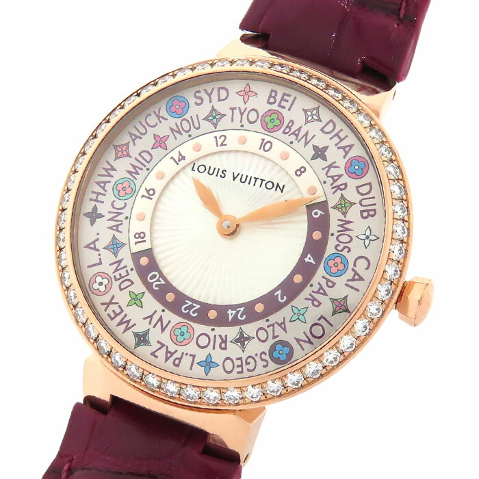 【ポイント3倍 最大10万円割引クーポン 数量限定】 LOUIS VUITTON ルイヴィトン タンブール Q1HK00 ダイヤベゼル シルバー文字盤 K18PG 750 ピンクゴールド レザー 保証書付 約70.4g 腕時計 自動巻 レディース 送料無料【仕上済】241001030669|大阪屋質店