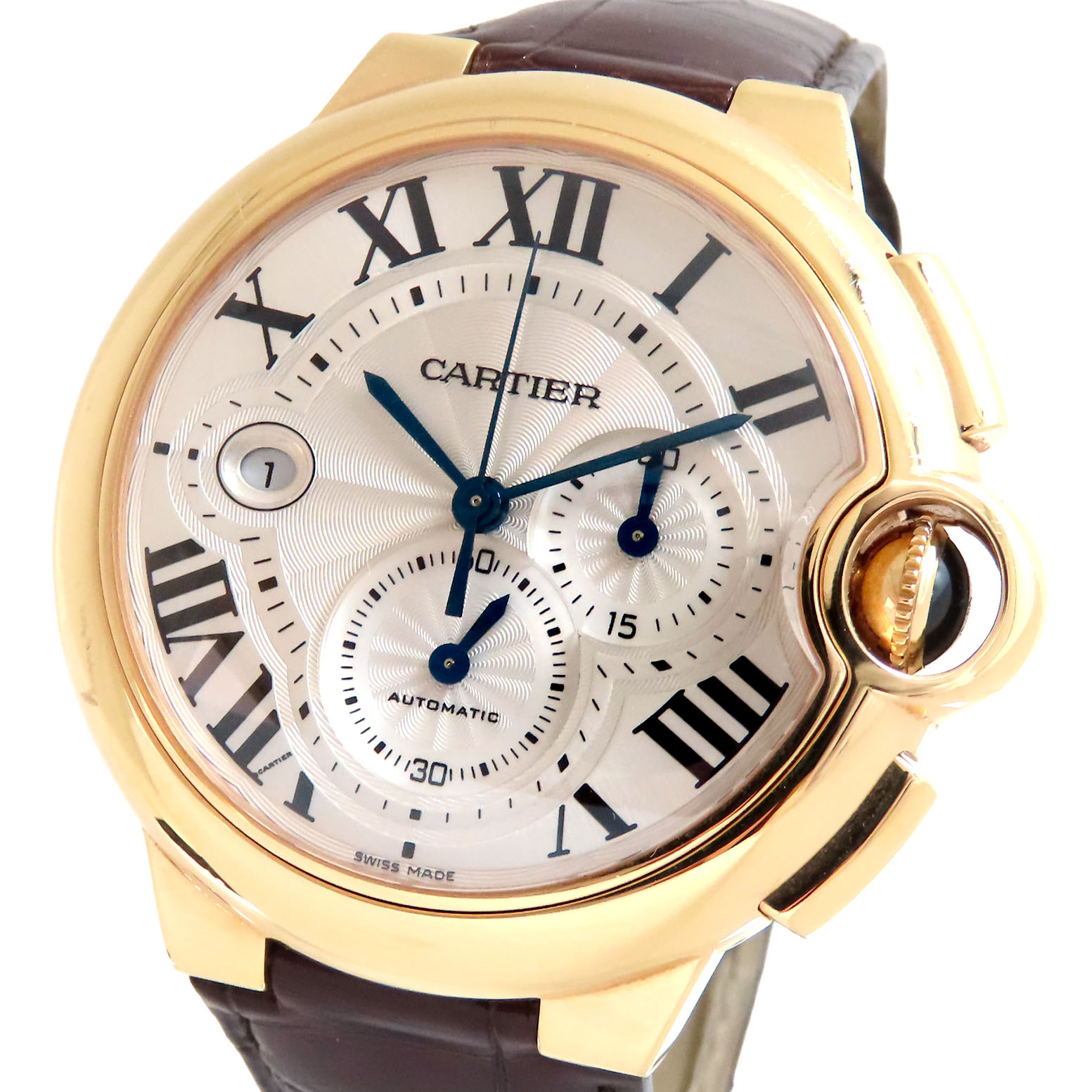 【最大10万円割引クーポン 数量限定】 Cartier カルティエ バロン ブルー W6920074 シルバー文字盤 K18PG ピンクゴールド クロノグラフ レザー 約132.6g 腕時計 自動巻き メンズ 送料無料 241001032143|大阪屋質店