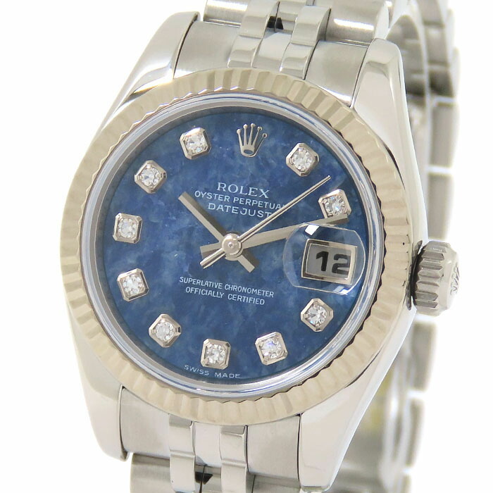 【ポイント3倍 最大10万円割引クーポン 数量限定】 ROLEX ロレックス デイトジャスト 179174G Z番 ソーダライト文字盤 K18WG 750 SS ホワイトゴールド ステンレススチール 10Pダイヤモンド 約65.7g 腕時計 自動巻 レディース 送料無料【仕上済】241001030833|大阪屋質店