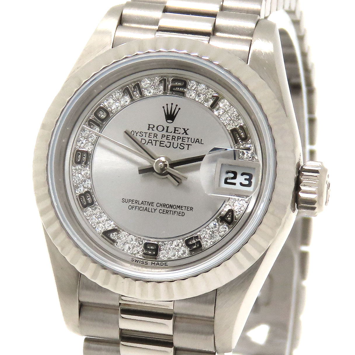 【最大10万円割引クーポン 数量限定】 ROLEX ロレックス デイトジャスト 69179 A番 シルバー文字盤 K18WG 750 ホワイトゴールド 金無垢 ダイヤモンド ミリヤードダイヤル 保証書付 約75.4g 腕時計 自動巻 レディース 送料無料【仕上済】241001033522|大阪屋質店