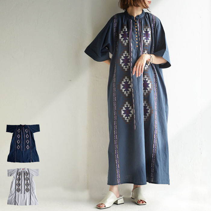 楽天市場 送料無料 ワンピース トップス プルオーバー シャツ 刺繍 スリット カフタン キリム柄 柄 レイヤード ニュアンスカラー 裏地付き ペチコート 綿麻 インド綿 春夏 オールシーズン ヴィンテージ カジュアル モダン 大人 レディース お出かけ おしゃれ アンティ