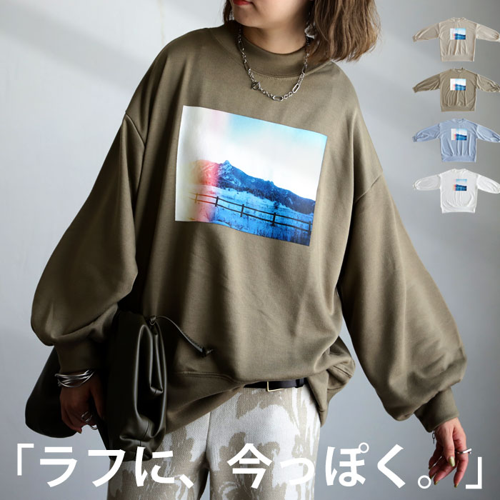 トップス トレーナー スウェット ロンt ｔシャツ グラフィック フォトプリント ロゴt プリント ボリューム袖 レディース おしゃれ プレゼント 大人 セットアップ カジュアル スポーティー 重ね着 ナチュラル 裏毛 トレンド