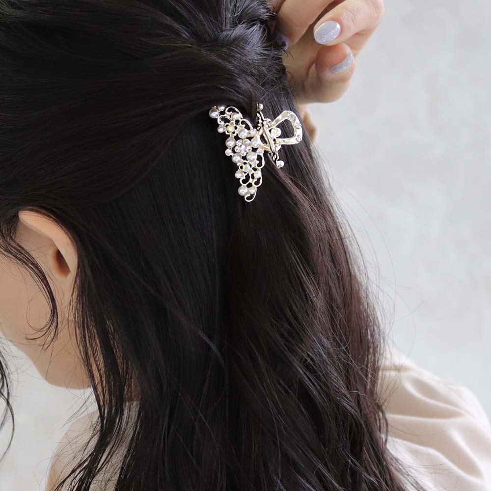 ヘアクリップ透かしメタルパールストーンフラワーバンスクリップ|ヘアアクセサリーヘアアクセレディース女性大人プレゼントギフト結婚式カジュアルおしゃれオシャレかわいい可愛いシンプル