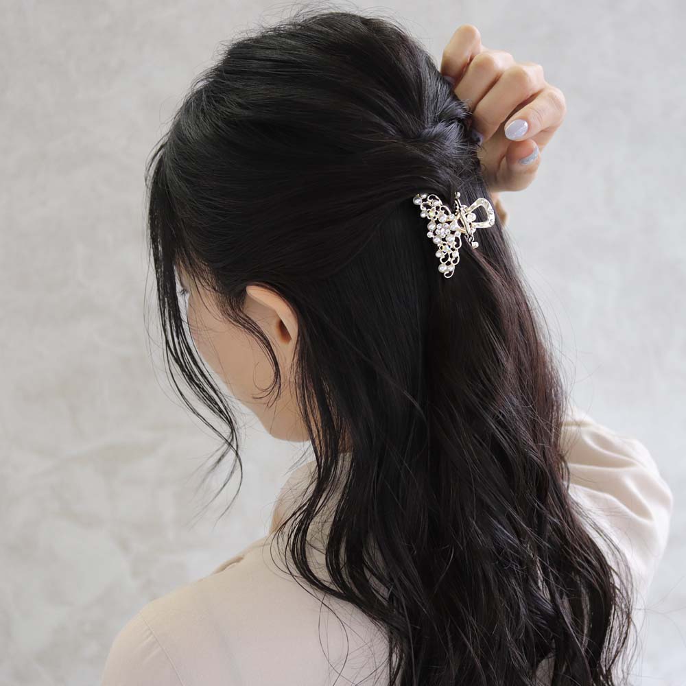 ヘアクリップ透かしメタルパールストーンフラワーバンスクリップ|ヘアアクセサリーヘアアクセレディース女性大人プレゼントギフト結婚式カジュアルおしゃれオシャレかわいい可愛いシンプル