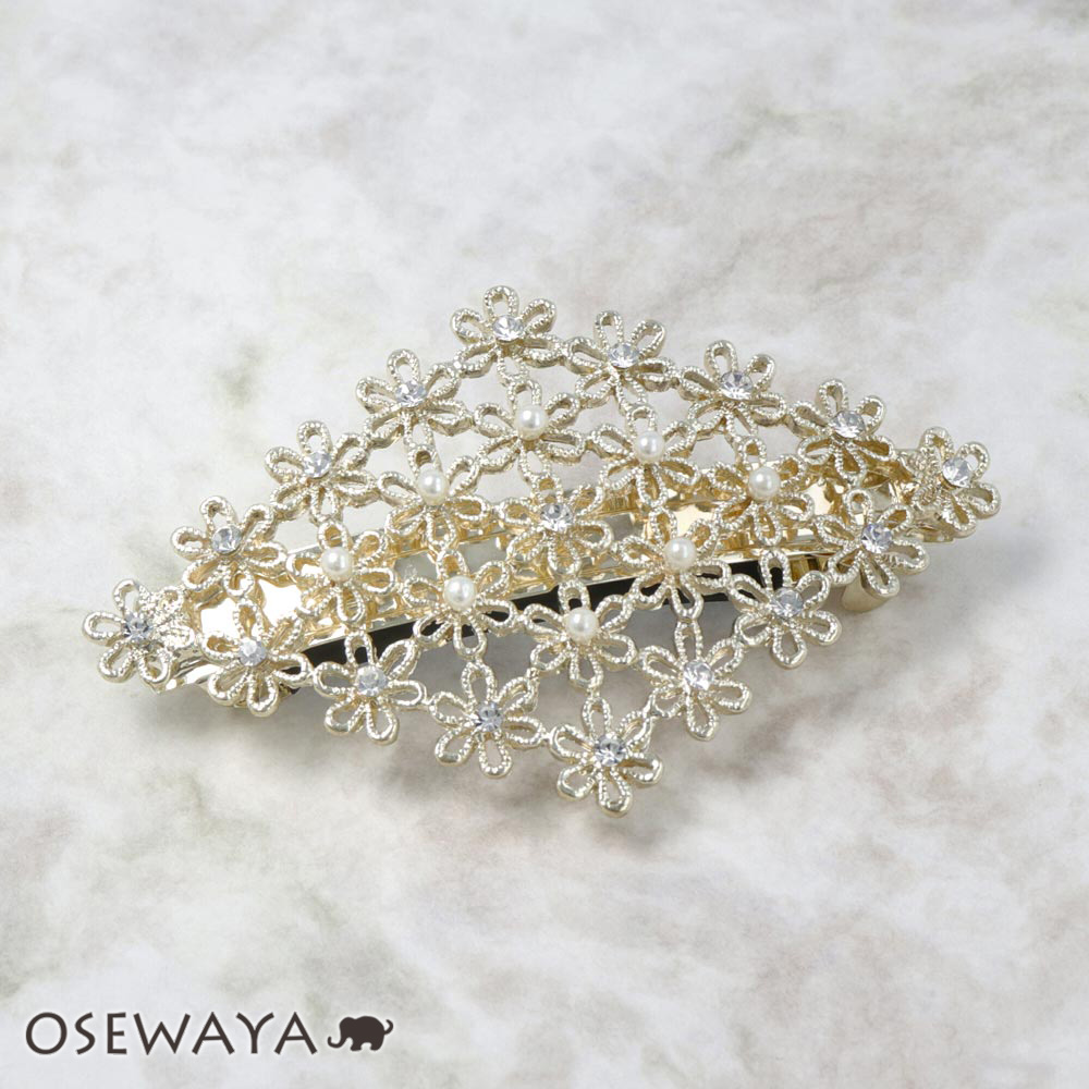 バレッタ パール ストーン メタル フラワー ロンバス すべり止め付き ヘアアクセサリー ヘアアクセ レディース 女性 大人 プレゼント ギフト 結婚式 カジュアル おしゃれ オシャレ かわいい 可愛い シンプル 有名な高級ブランド