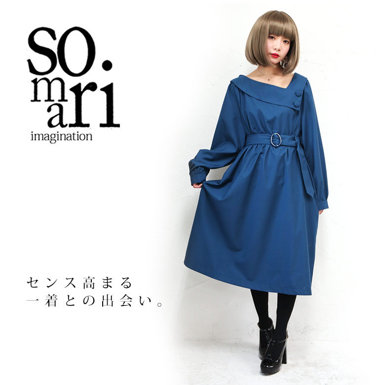 楽天市場 全品送料無料 Somari Imaginationデザインカラーワンピース ワンピース ミモレ レディース 長袖 パーティードレス フォーマル 変形襟 ブラウジング レトロ きれいめ メール便不可 オシャレウォーカー Osharewalker