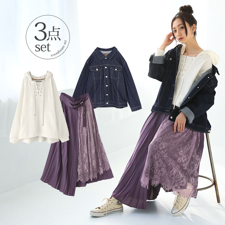 楽天市場 送料無料 数量限定 ココロが躍るお出掛け春コーデ3点set 福袋 21 レディース コーデセット デニムジャケット ライトアウター フーディー トップス ロングスカート レース パステル 返品 交換不可 メール便不可 オシャレウォーカー Osharewalker