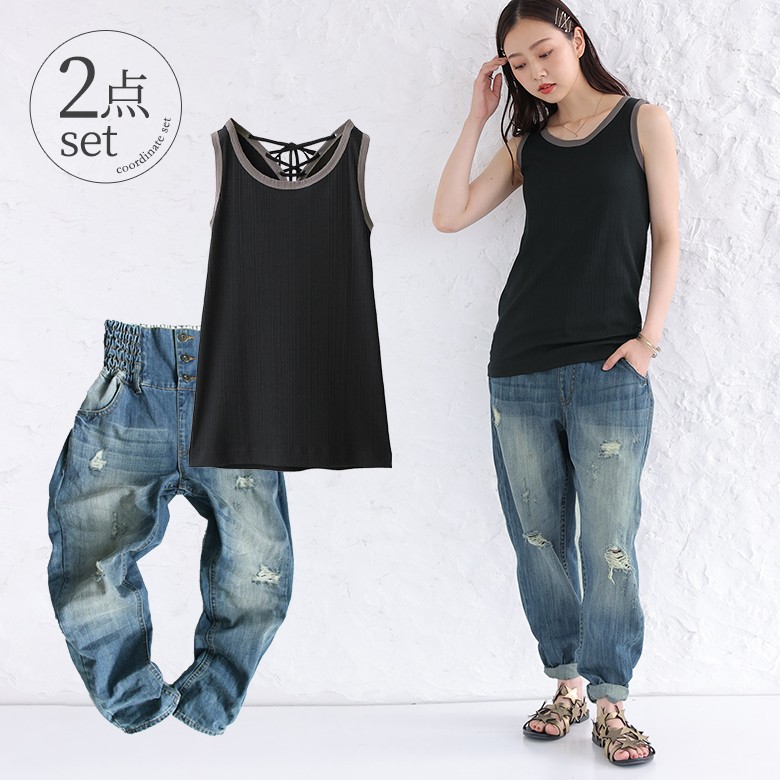楽天市場 送料無料 数量限定 後ろ姿も抜かりなく お洒落女子のタンクコーデ2点set 福袋 22 レディース 2点セット 春夏 タンクトップ バックリボン ノースリーブ ワイドデニム ロングパンツ 返品 交換不可 メール便不可 オシャレウォーカー Osharewalker