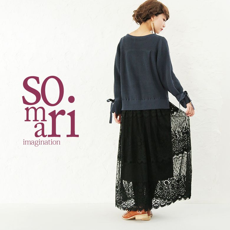 楽天市場 全品送料無料 Somari Imaginationリボンニット 贅沢レースドッキングワンピース ドッキングワンピ レディース ロング ワンピース 長袖 ニット 袖リボン ペチコート スリット 返品交換不可 メール便不可 オシャレウォーカー Osharewalker