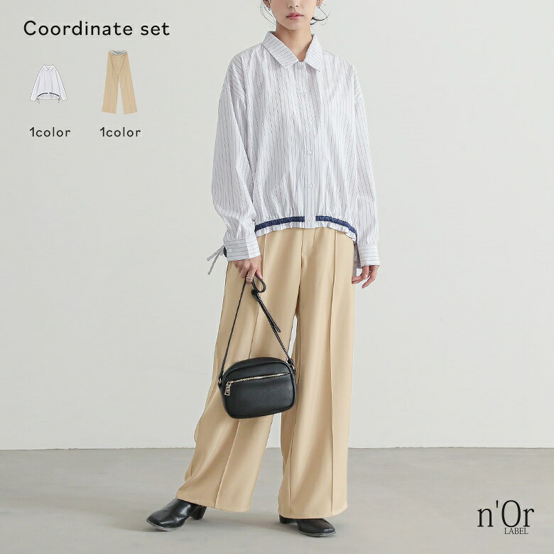 【クーポンで最大20%OFF 7/20 23:59迄】2点コーデセット 2025 レディース シャツ 長袖 トップス ブラウス 羽織 飾りリボン ドロスト ストライプ柄 配色 ボタンシャツ ワイドパンツ ボトムス ロング オシャレウォーカー【メール便不可】【40】｜オシャレウォーカー　osharewalker