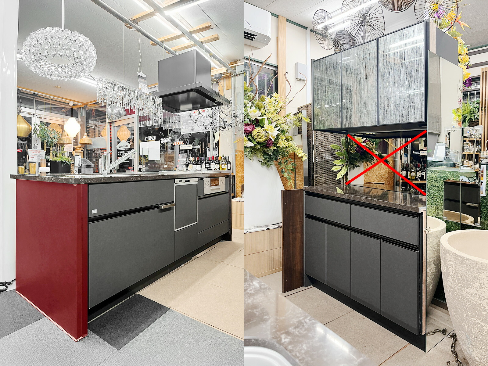 【モデルルーム展示品】【特注・未使用品】タカラスタンダード ペニンシュラタイプ W2410 クォーツストーン天板 左シンク システムキッチン / W1200 カップボードセット レザー調ダークグレー マンション 戸建て リフォーム【Y1104-01】