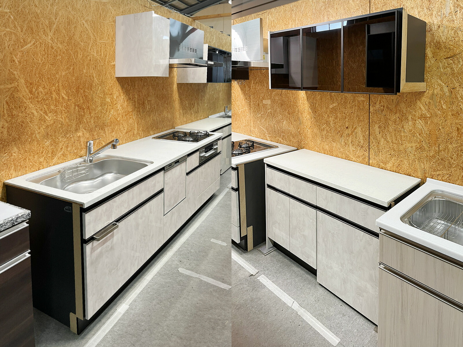 【モデルルーム展示品】【特注・未使用品】タカラスタンダード W2400 クォーツストーン天板 左シンク システムキッチン /W1280 カップボードセット 木目調アイボリー マンション 戸建て リフォーム【X0808-02】