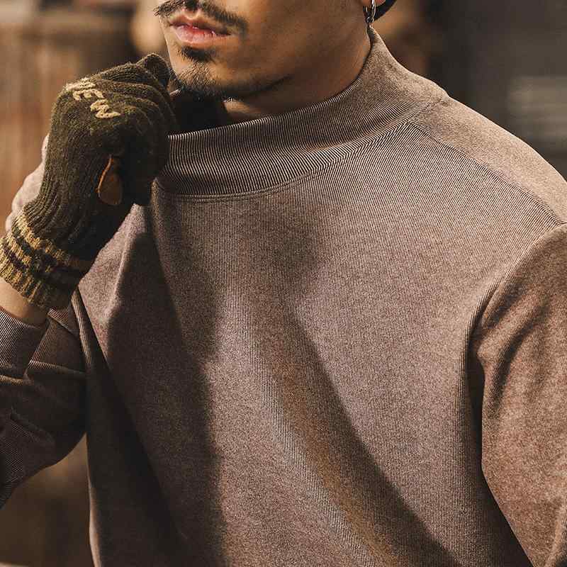 Tシャツ メンズ トップス アメリカンレトロ 280g ヘビーウェイト モックネック ドロップショルダー 長袖 裏起毛 発熱保温 抗菌 ルーズフィット ゆったり インナーウェア 普段使い 秋冬