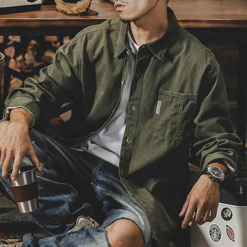 シャツ メンズ 男性用 アメカジ レトロ ヴィンテージ ワーク 長袖 ゆったり ルーズフィット オーバーサイズ ビッグシルエット 大きいサイズ カジュアル トップス 羽織り 綿 コットン 免アイロン 春秋 グリーン カーキ ブラック