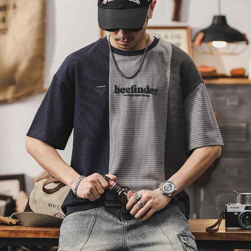 Tシャツ メンズ アメリカンワッフル 半袖 切り替え 配色 ゆったり ビッグシルエット コットン 薄手 クルーネック 抗菌 春夏 トップス スポーツ カジュアル 普段使い