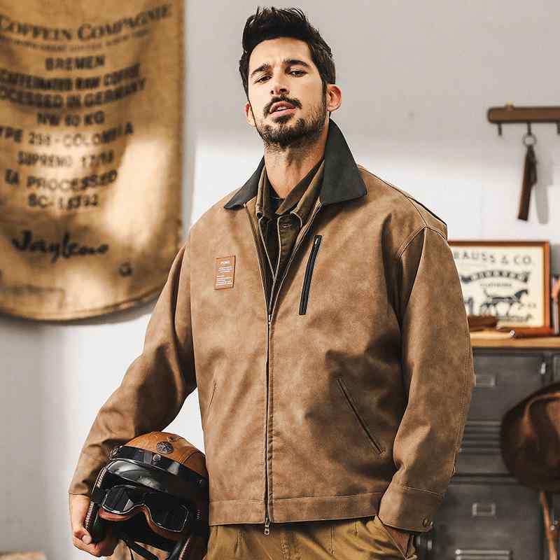 なめし革上衣 メンズ アメリカンレトロ アメカジ ライダース 革ジャン ワイルド 荒荒しさ 真っただ中丈 ゆったり 厚地の外套大きさ フェイクレザー PUなめし革 うつり変わり バイ色合い 細工物 狩猟 カーキ 黒いこと薄墨色 秋冬 アウター