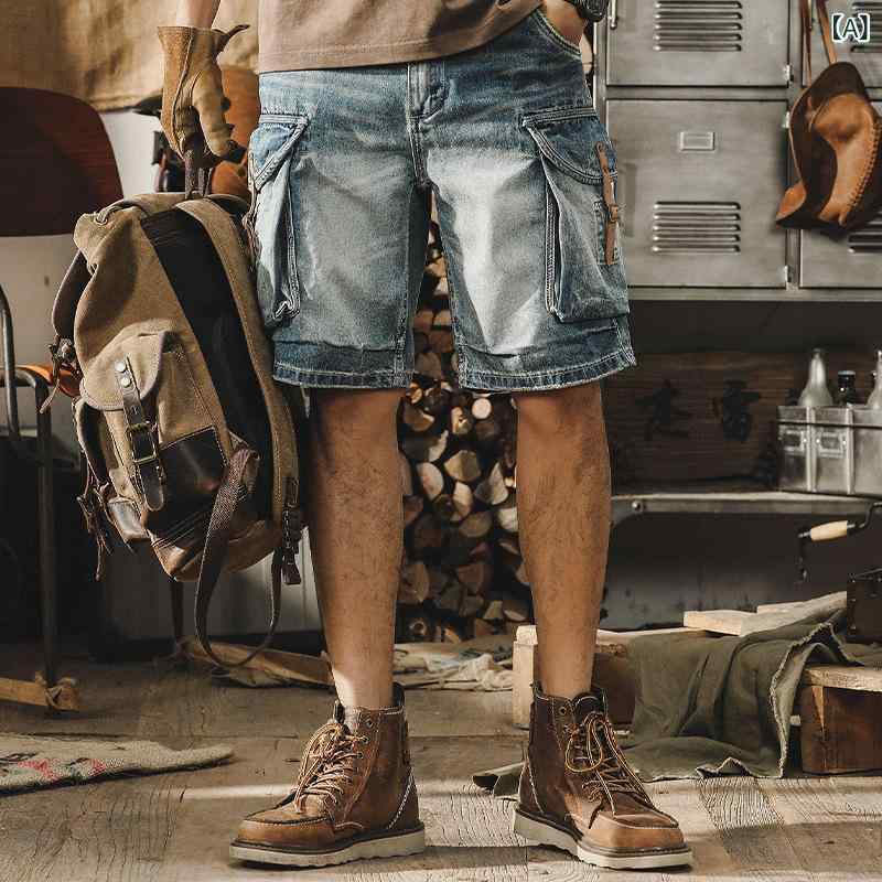 デニムハーフパンツ メンズ アメカジ クラシック レトロ 切り替え 配色 ストレート 多ポケット 微ストレッチ カジュアル 普段使い 夏 サマー コットン 綿