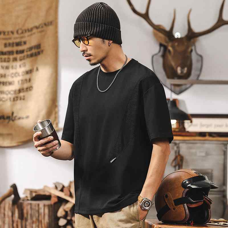 Tシャツ メンズ 接触冷感 ジャガード織り 切り替え 半袖 クルーネック ドロップショルダー 綿 ビッグシルエット アメカジ カジュアル 薄手 トップス 春夏