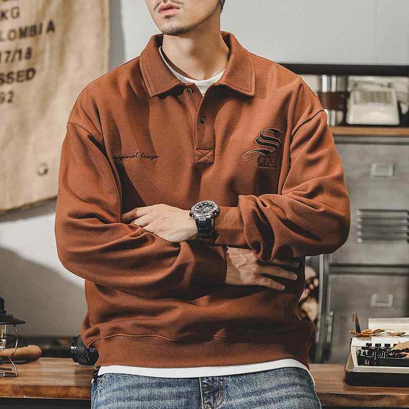 スウェット メンズ 男性用 ヘビーウェイト ポロ襟 レトロ ヴィンテージ アメリカン カジュアル トップス ドロップショルダー ゆったり オーバーサイズ 綿 コットン 厚手 春秋