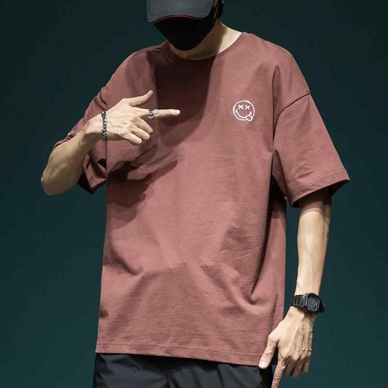 Tシャツ メンズ スマイル刺繍 半袖 春夏 ゆったり 大きいサイズ ビッグシルエット オーバーサイズ カジュアル 普段使い ストリート スポーツ ティーシャツ トップス コットン 綿100% クルーネック 丸首 ドロップショルダー 薄手 涼しい 快適 ブ