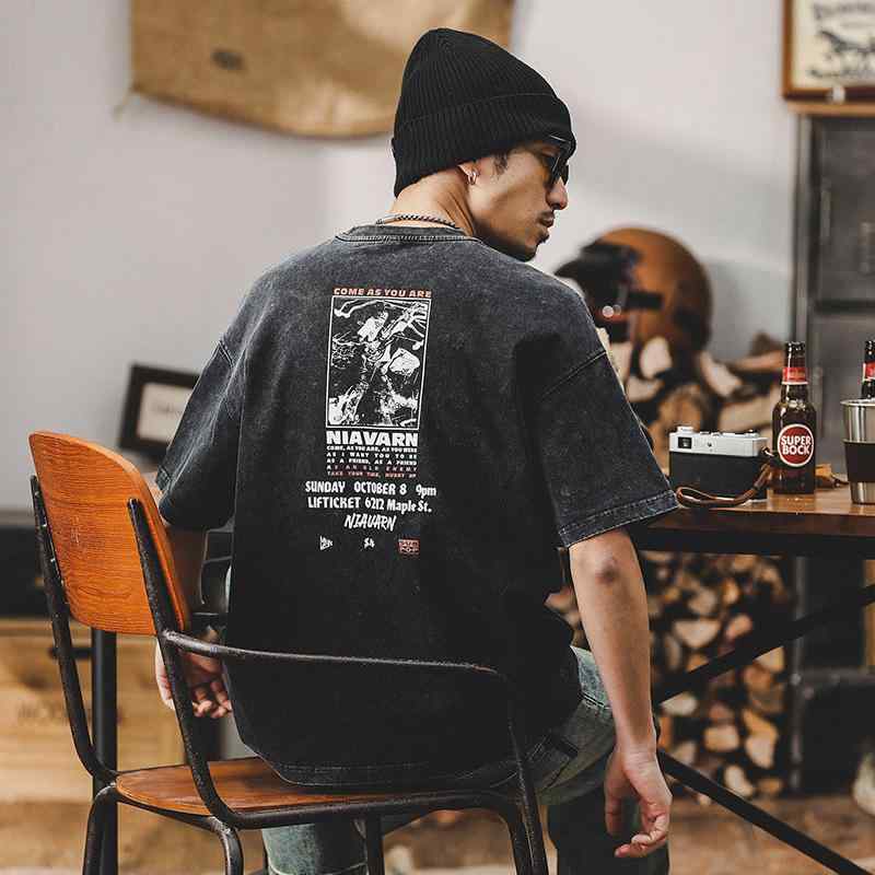 Tシャツ メンズ 半袖 春夏 アメリカンレトロ アメカジ ヴィンテージ レトロ バイオウォッシュ加工 ヘビーウェイト 厚手 ゆったり ビッグシルエット オーバーサイズ コットン ロゴプリント 高級感 抗菌 ベーシック カジュアル ブラック