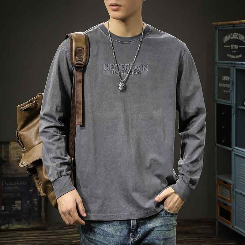 Tシャツ メンズ 秋冬 ヘビーウェイト レトロ ビッグシルエット オーバーサイズ クルーネック ロングスリーブ ドロップショルダー コットン プリント カジュアル 普段使い グレー カーキ