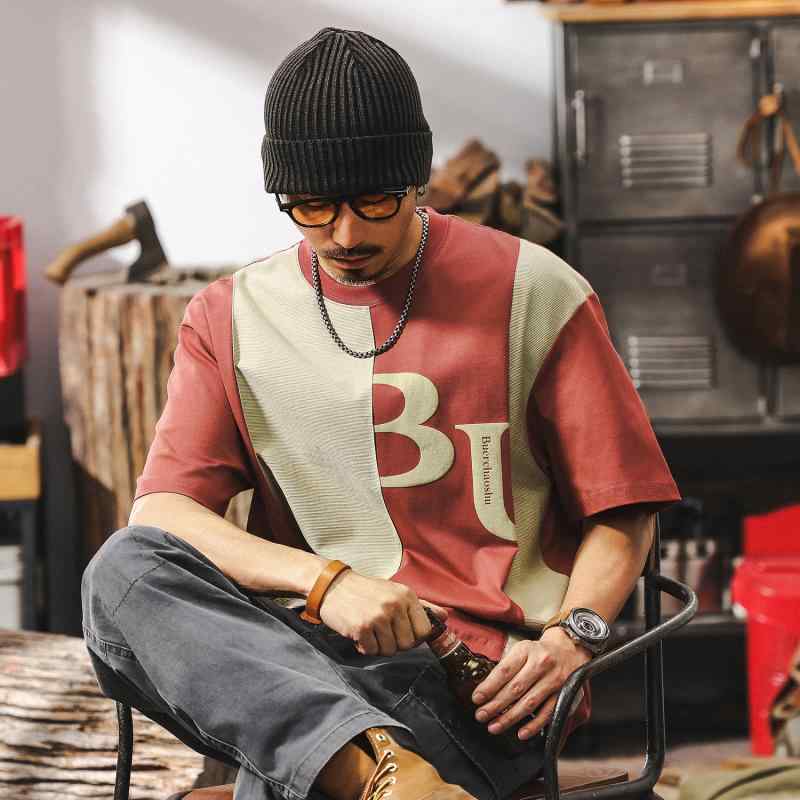 Tシャツ メンズ 男性用 ゆったり ビッグシルエット アメカジ レトロ ストリート 230gヘビーウェイト 厚手 切り替え 配色 クラックプリント 半袖 クルーネック コットン 抗菌 防臭 夏 サマー 普段使い スポーツ