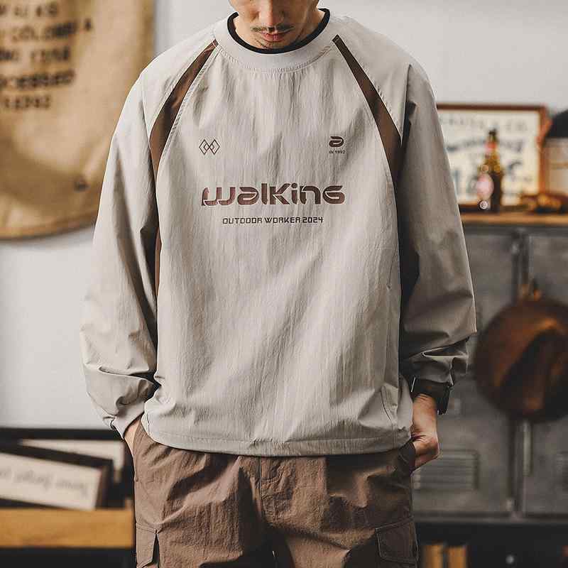 Tシャツ メンズ 春夏 速乾 抗菌 アメカジ アウトドア ゆったり ビッグシルエット 長袖 丸首 レタープリント マウンテン系 スポーツ コットン ブラック アプリコット ブラウン