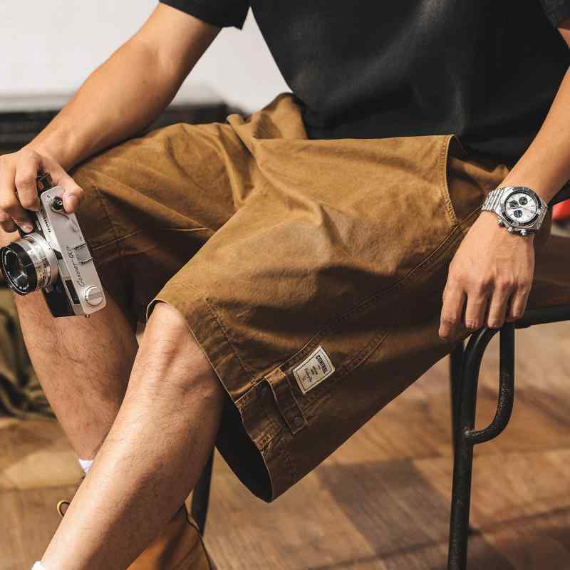 ハーフパンツ メンズ アメカジ レトロ ウォッシュ加工 ワークスタイル 5分丈 ゆったり ビッグシルエット カジュアル ストリート コットン 綿 春夏 カーキ ブラック
