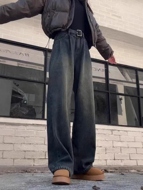 デニムパンツ メンズ アメリカン レトロ ルーズフィット ワイドストレート 微フレア ミッドライズ ウォッシュ加工 微ストレッチ コットン カジュアル 春秋 ブルー ブラック