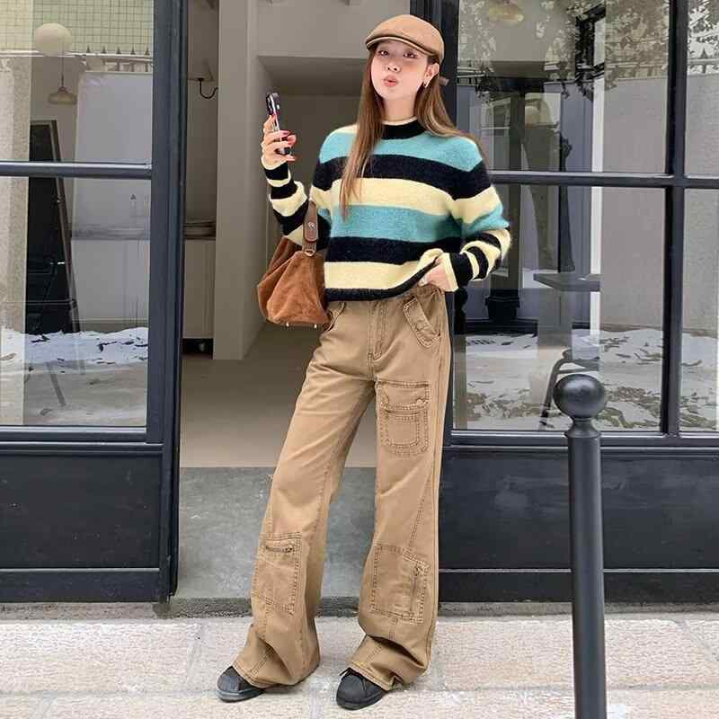 カーキ カラーブラウン ユニセックス 女性用 工装パンツ 多ポケット ミリタリー ストレート ワイドレッグ 中腰 ロングパンツ 秋冬 秋物 通勤 普段使い 都市 カジュアル 気質 ?? 再生繊維 伸縮性 軽量 基本款 4,446円
