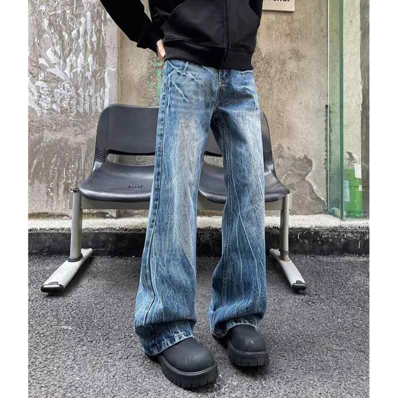 ジーンズ デニムパンツ メンズ レディース ユニセックス ワイドレッグ ストレート ロングパンツ 美式レトロ クラック加工 水洗 ヴィンテージ加工 ミディアムウエスト 多ポケット ゆったりシルエット ポリエステル 混紡 ブルー 秋 秋冬 ストリート カジ