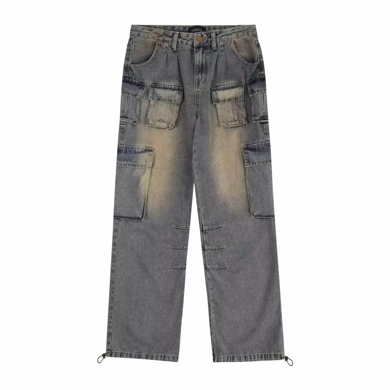 レディース 牛仔パンツ 工装パンツ 春秋 秋冬 ワイドレッグ ロングパンツ ゆったり腰回り 多ポケット ブルー 通勤 普段使い 都市スタイル アメリカン レトロ ビッグシルエット デニム 伸縮性