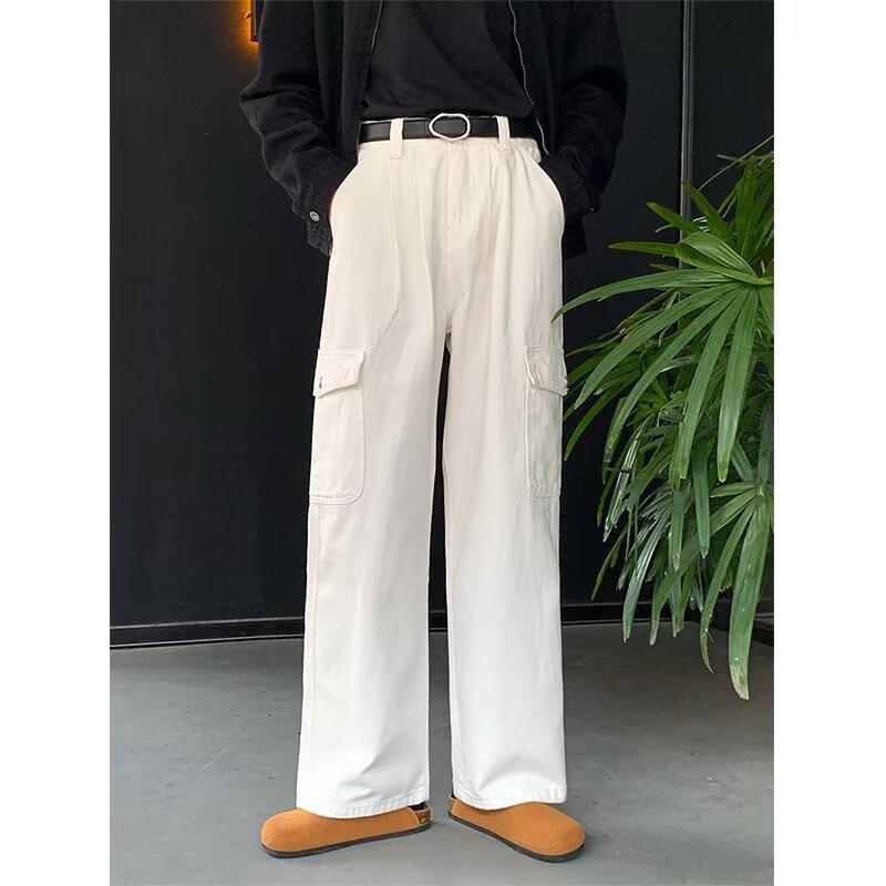 直筒パンツ メンズ レディース 工装風 デニムパンツ 牛仔パンツ ユニセックス ゆったり ワイドレッグ ロング丈 多ポケット ミッドライズ ジップフライ 水洗加工 ポリエステル混 微弾性 直筒裾 ノーアイロン ホワイト 通勤 普段使い 街着 カジュアル