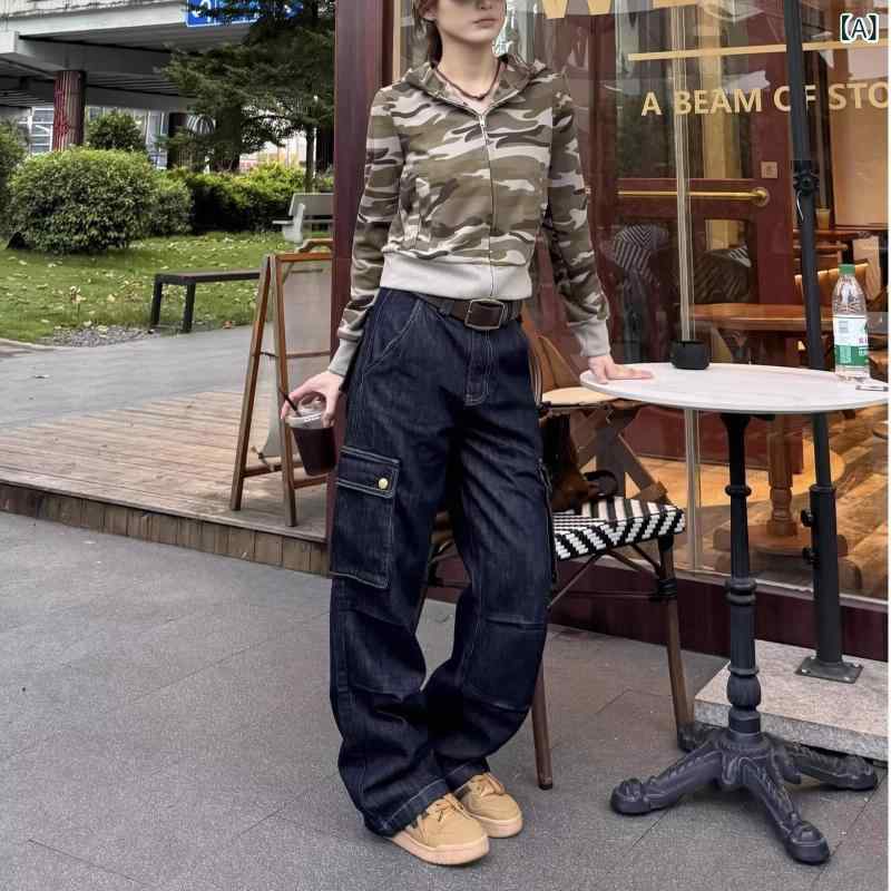 レディース デニムパンツ ワイドレッグ ストレート ロング丈 低腰 多ポケット 工装風 コットン ポリエステル ミックス 中厚 無弾性 水洗加工 深紺 秋 私服 お姉さん カジュアル